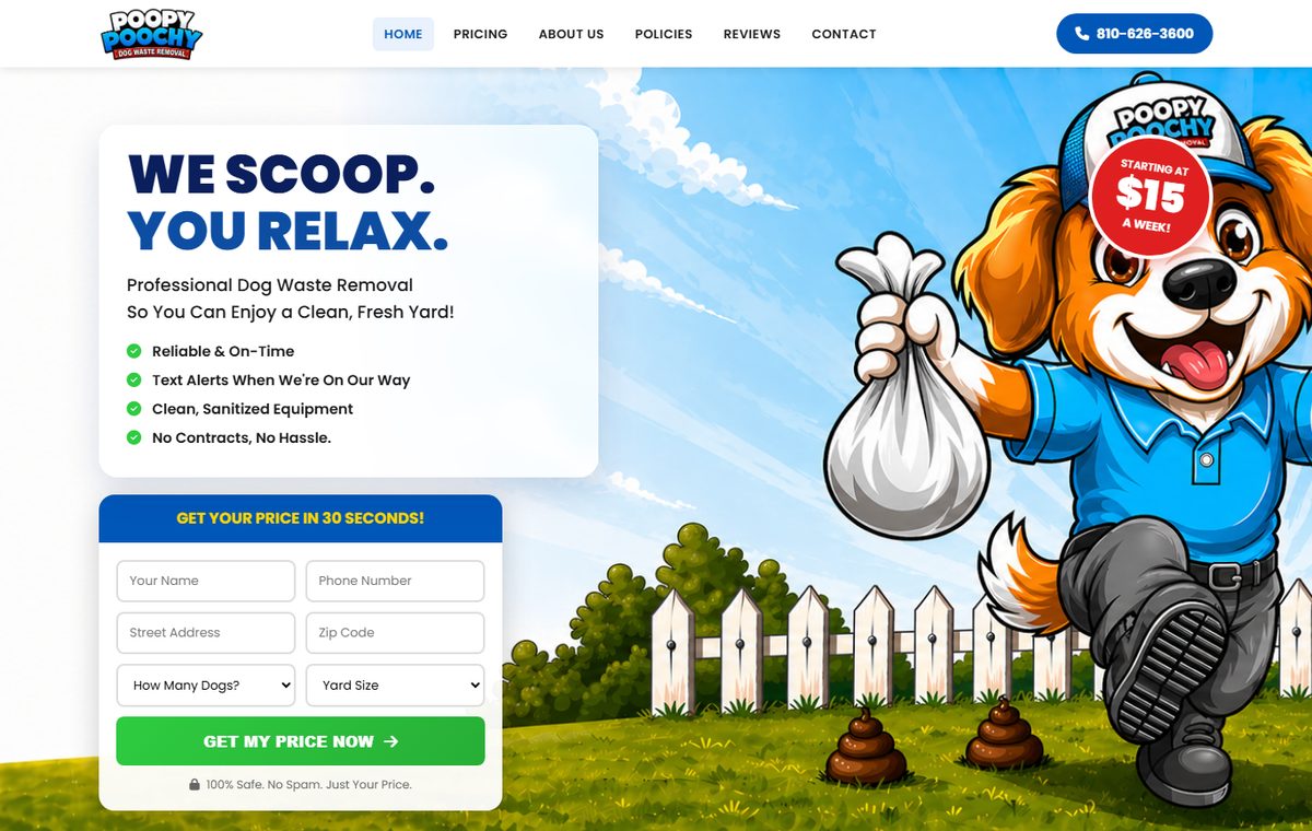 Poopy Poochy home page at desktop width