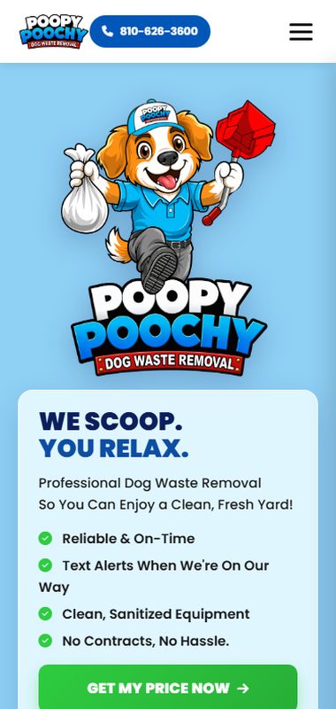 Poopy Poochy home page at phone width, showing the hero headline card over the quote form